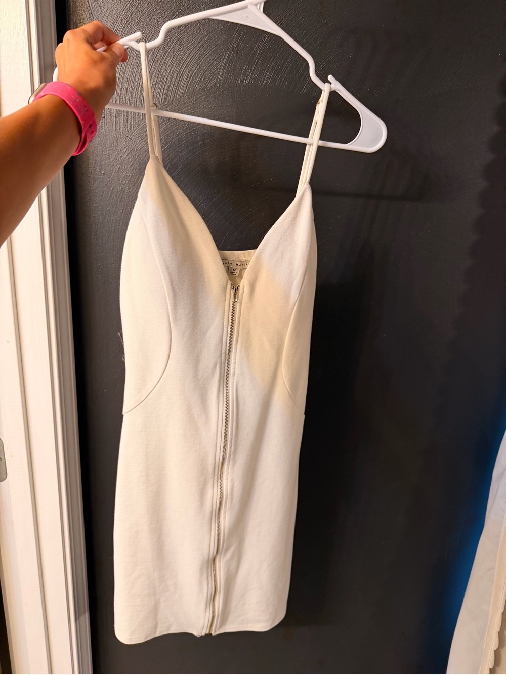 Haute Monde Cream Front-Zip Strappy Mini Dress